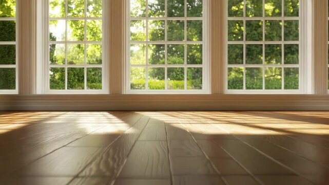 Sunlight wooden floor large window bright room natural light green trees interior home empty space reflection hardwood peaceful cozy modern clean architecture glass panes nature shadow outdoor bright