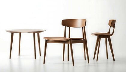Wooden Table and Chairs Arrangement on White Background