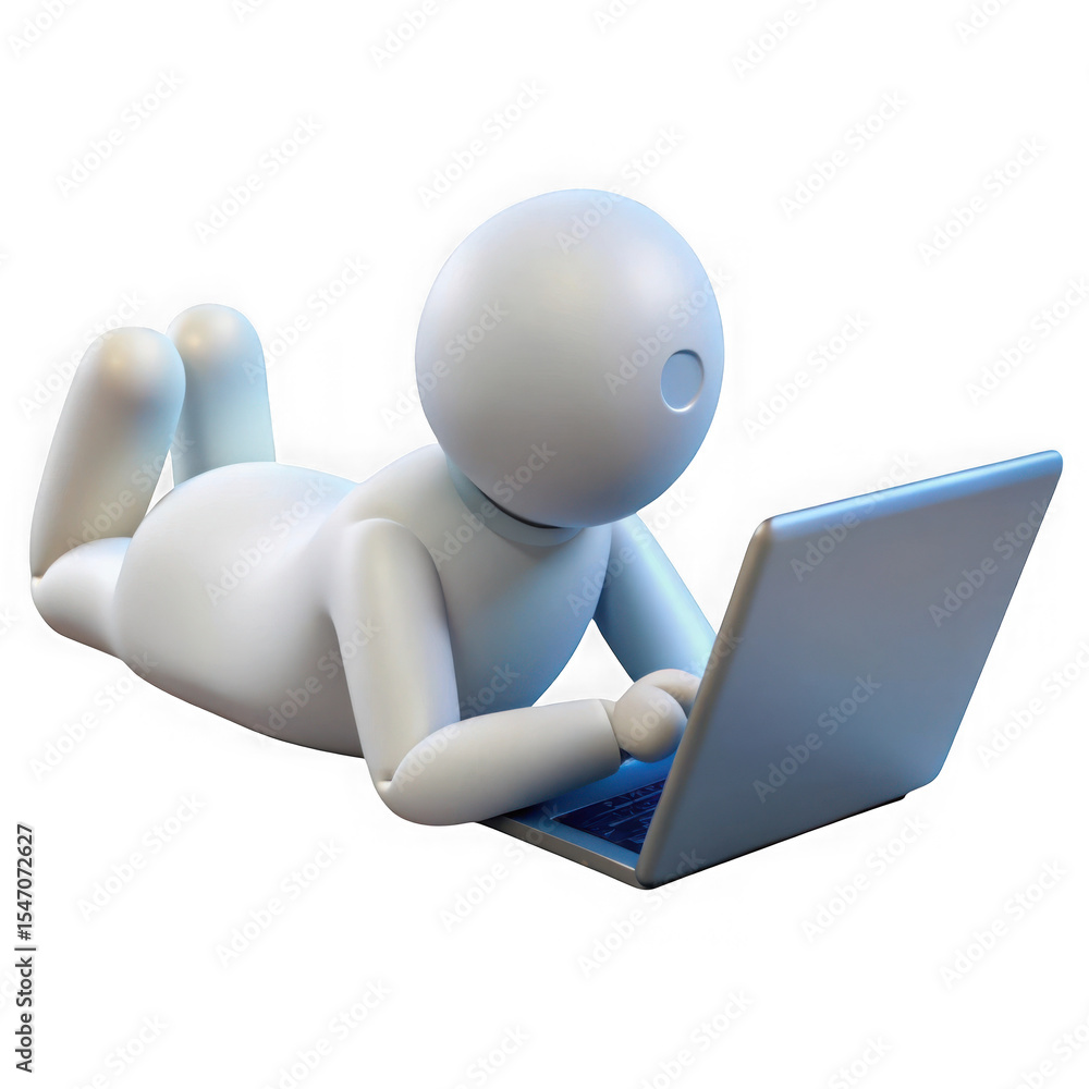 Poster 3d render of simple character using laptop isolated on transparent background