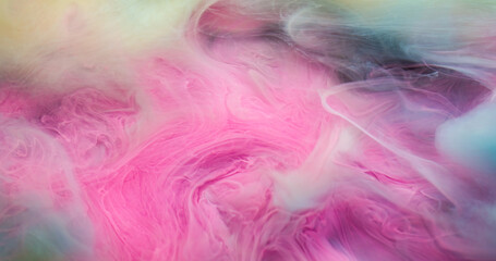 Art fog. Cloud dye. Colorful fume emulsion curl stream blending pigment. Pink liquid paint spill abstract fluid defocused background.