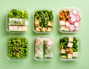 Top down shot of Asianinspired meal prep rice paper rolls, edamame, tofu, pickled radish, in clear containers against a pale green background, high definition