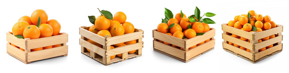 Four wooden crates filled with oranges on a transparent background