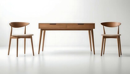 Minimalist Wooden Desk with Chairs on White Background