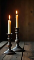 Antique candlestick, four flickering candles, rustic wood table, magical, classic, wood
