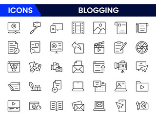 Engaging vector web line icons depicting blogging, content creation, posts, comments, and digital storytelling for vibrant online engagement.
