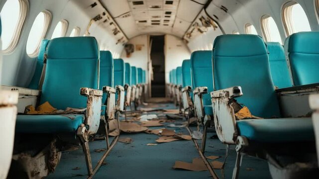 Abandoned airplane interior featuring old rusty blue seats, empty cabin with debris and peeling floor, window views revealing neglected, eerie atmosphere and forgotten travel history