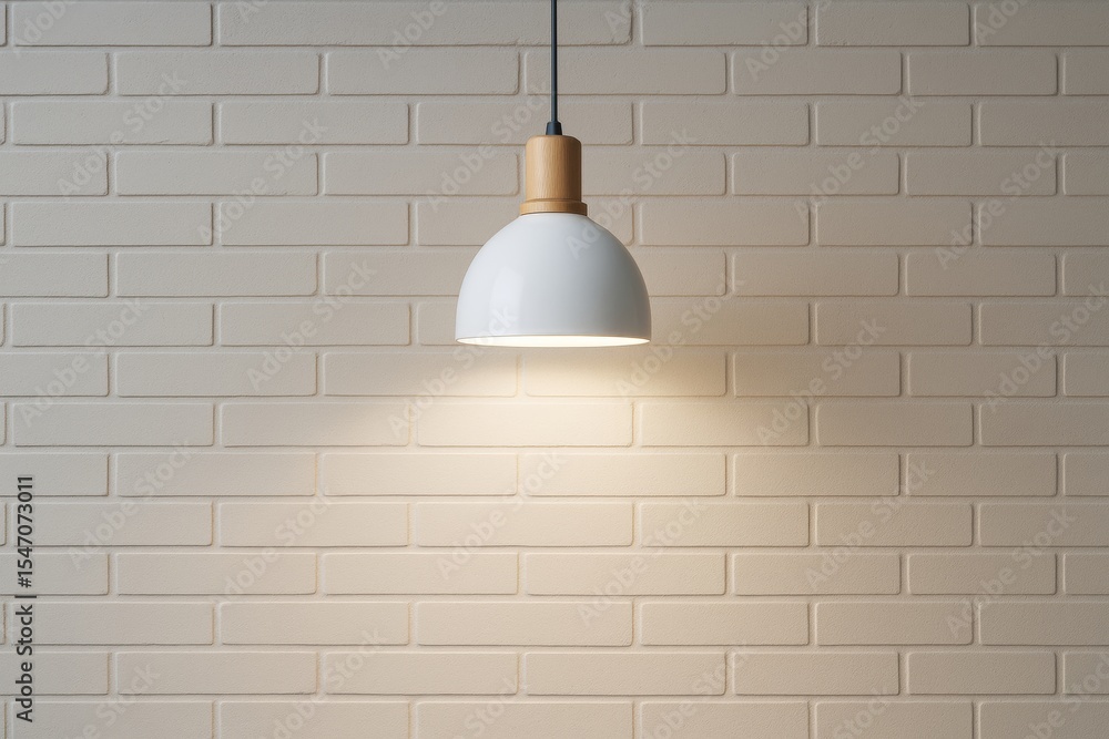 Poster minimalist pendant lamp illuminating beige brick wall background with soft ambient light in a clean 