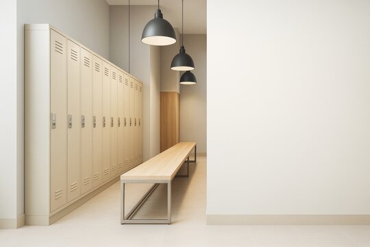 Minimalist locker room interior with beige lockers, wooden bench, and pendant lights in clean neutral tones against a soft modern background.