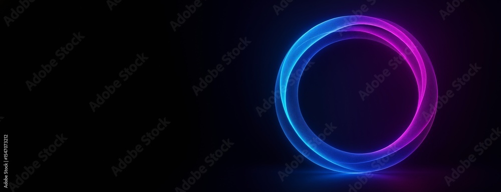 Poster Glowing neon circular wave on dark background with vibrant blue and pink light swirl, perfect for abstract banner, poster, or design template use.