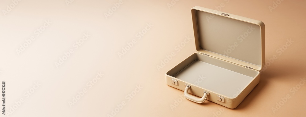 Aufkleber Beige open suitcase on gradient background with empty space for design or text, clean minimal concept for advertising or travel promotion mockup.
