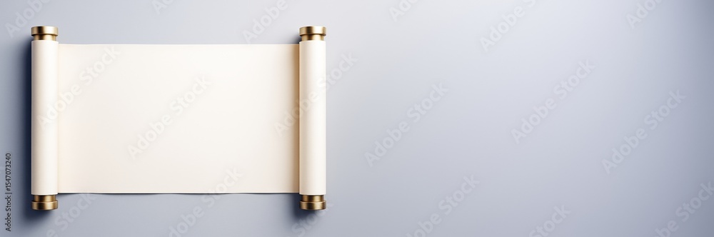 Poster Blank ancient scroll with gold holders unrolled on light background for design, copyspace or creative template presentation concept.