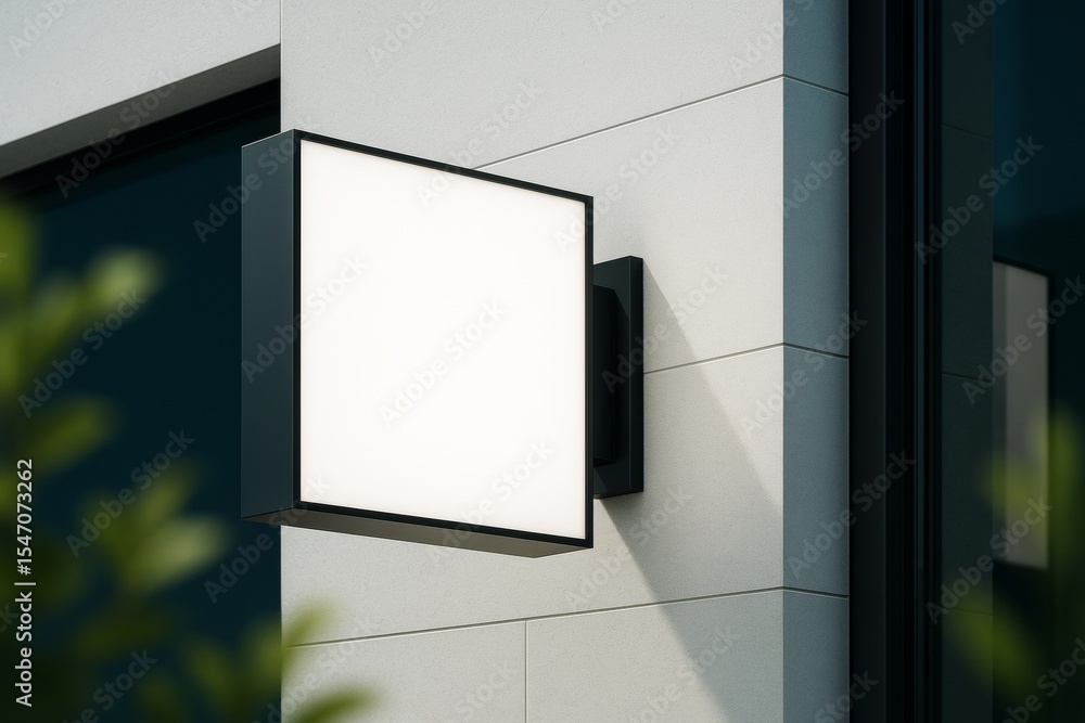 Poster blank square lightbox mounted on modern building wall for signage or branding mockup with clean and 