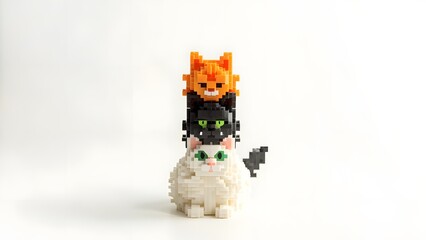 Three stacked colorful pixelated cat sculptures