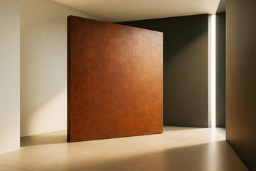 Obraz premium Abstract architectural interior with large rust-colored panel and dramatic lighting in minimal clean design for copyspace or advertising concept.