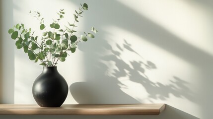 46.A Scandinavian-inspired decor setup with a black ceramic vase filled with green eucalyptus sprigs, styled on a simple oak shelf against a bright, uncluttered white wall.