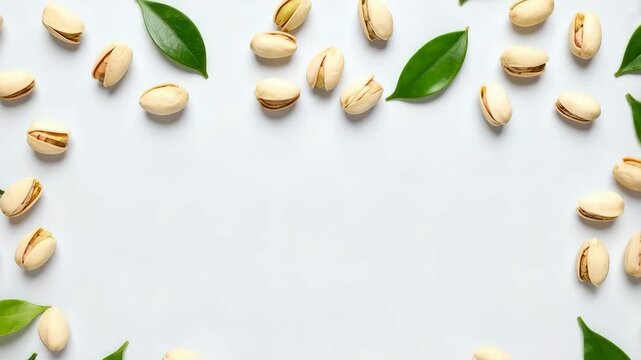 Pistachios and fresh green leaves border on white surface creating a clean, natural food backdrop with ample copy space.
