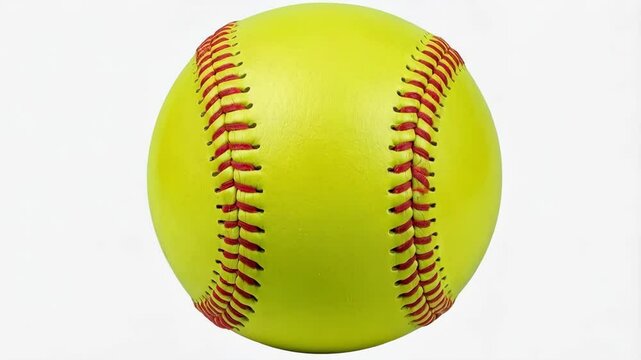 Close up of a bright yellow softball showing the textured surface and red stitching against a simple white background.