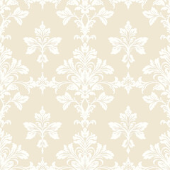 The rococo damask, a cream-colored, white-flowered, cream-colored vector pattern, Ivory on Soft Beige, represents a calm, elegant mood, used for tile wallpapers and other vector patterns.