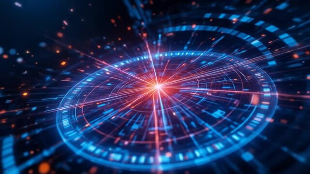 Digital compass with glowing lines, particles. Tech concept, navigation, direction visualization. North, east, south, west directions, futuristic design. Abstract illustration, modern tech innovation.