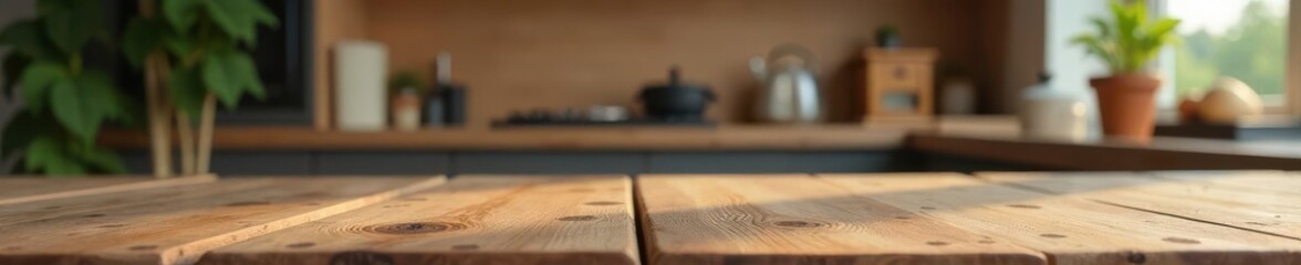 Obraz premium Rustic wooden tabletop, bokeh modern apartment backdrop, stylish objects , modern, element, design element