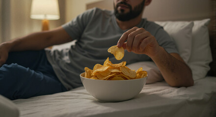 Man relaxing in bed while eating chips from a bowl at night  