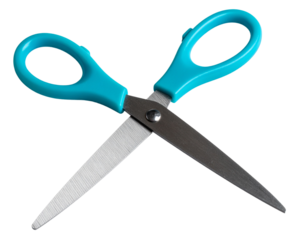 Ergonomic Turquoise-Handled Scissors with Open Blades, Isolated PNG