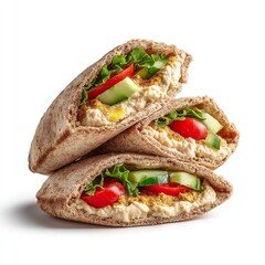 Delicious hummus pita pockets with fresh vegetables healthy vegetarian food recipe isolated on white