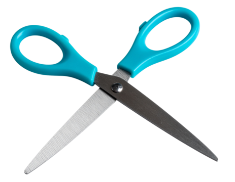 Ergonomic Turquoise-Handled Scissors with Open Blades, Isolated PNG