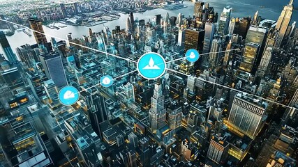 Aerial view of a modern cityscape showcasing skyscrapers with digital network connections overlay - Powered by Adobe