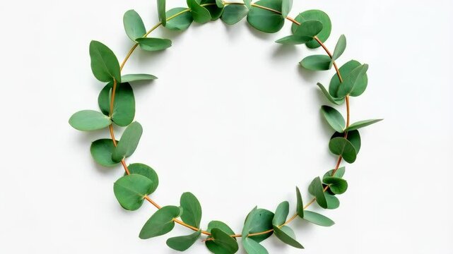 Elegant eucalyptus leaves arranged in a circular wreath formation on a clean white background, creating a natural and minimalist design concept.