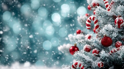 A Beautiful Snowy Christmas Tree Decorated with Red Ornaments and Candy Canes, Set Against a Festive Blue Background with Falling Snow, Evoking Holiday Cheer