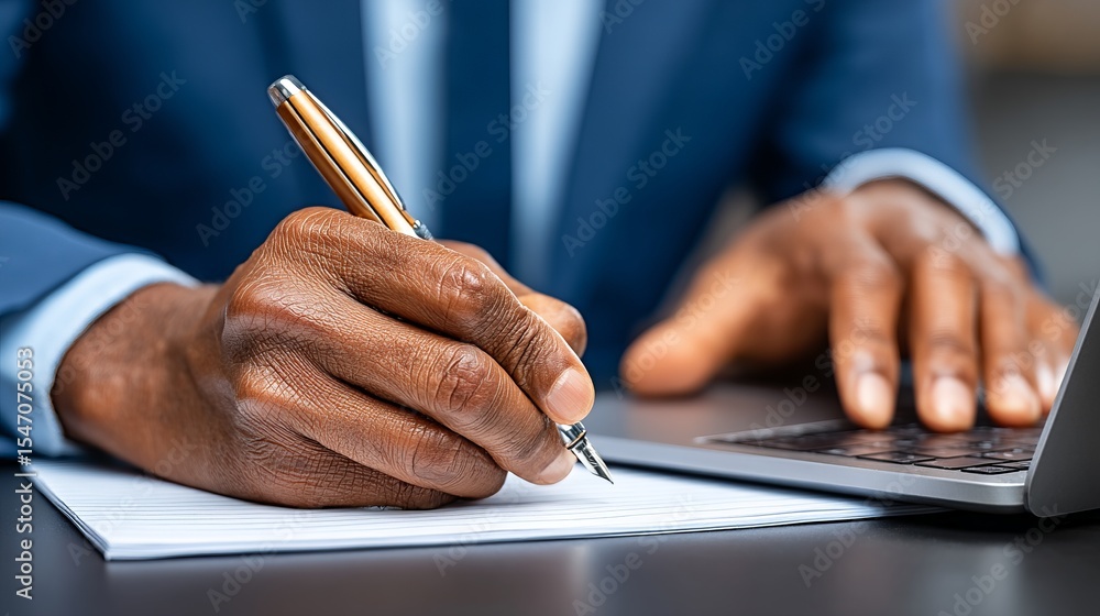 Poster businessman in a suit writes on a notepad while working on a laptop at a desk