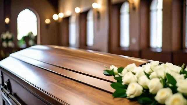 Mahogany casket adorned with a garland of white roses in a chapel setting for a solemn memorial service, featuring ornate details and soft lighting.