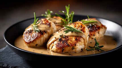 Gourmet Grilled Chicken with Creamy Sauce and Fresh Rosemary, Served in a Modern Black Bowl on a Dark Stone Surface