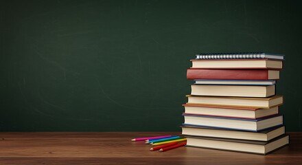 A wooden desk with stacked books in front of a chalkboard, perfect for a back to school banner design.