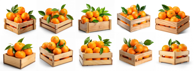 A collection of wooden crates filled with oranges, arranged in a grid pattern on a transparent background