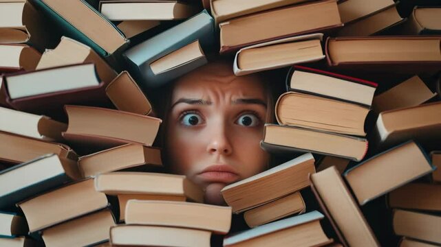 Anxious person with worried face surrounded by large stack and pile of books showing expression of stress from study and reading pressure knowledge overload