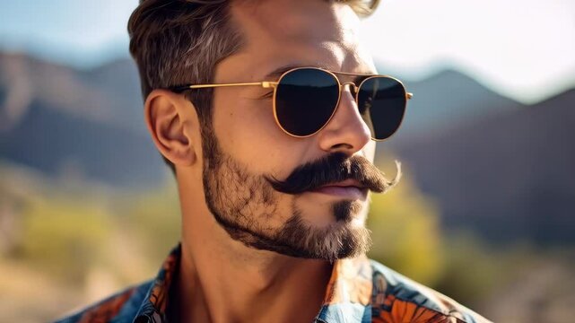 Handsome man with a stylish mustache, wearing floral shirt and sunglasses, posing against a blurred landscape of mountains. - Powered by Adobe