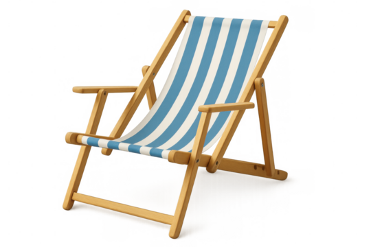 Wooden beach lounger featuring navy and white stripes, reclining against bright sunlight, positioned on clean white space