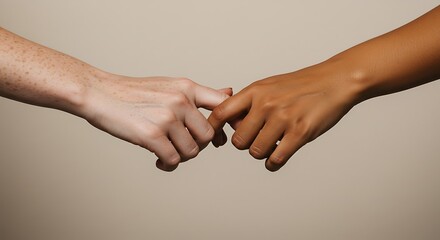 Two hands, one light-skinned and one dark-skinned, interlock pinky fingers in a gesture of connection or promise.