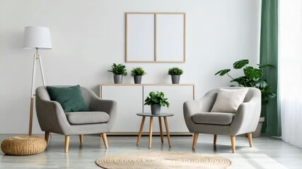 Stylish living room interior with armchairs, houseplants, and minimalist decor against a bright wall, creating a cozy atmosphere.