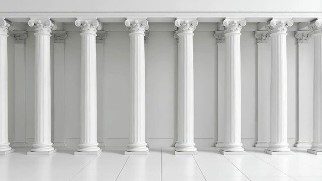 Row of White Ionic Columns Architecture Detail, Classic Design, Empty Interior Space