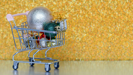 A Festive Shopping Cart, Bursting with Colorful Christmas Ornaments and Cheerful Decor
