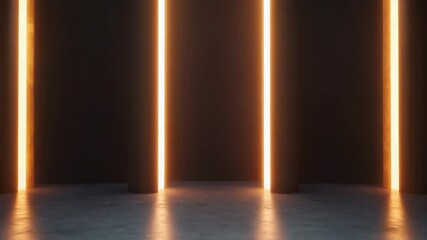 Glowing vertical light beams and strips create warm illumination on dark pillars and smooth floor, forming futuristic glow and pillar filled atmosphere with vertical light and floor reflections - Powered by Adobe