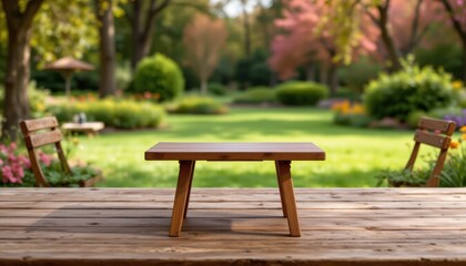 Wooden Table in a Tranquil Garden Setting