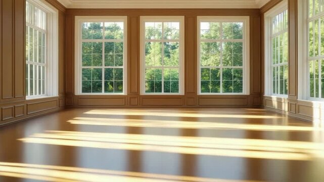 Bright empty room with large window sunlight casting shadow on wooden floor surrounded by green tree nature bright interior warm inviting atmosphere reflecting natural light peaceful airy space