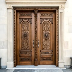 Obraz premium Grand Wooden Entryway Mansion's Open Doors