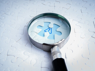 Business solutions, problems found, problem solving concept. Close-up blue caution sign, graphic on...