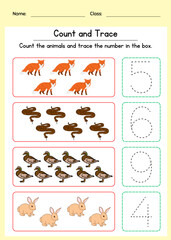 Obraz premium Animal counting and tracing worksheet for kids. Count the animals and trace the correct number. Preschool math printable.