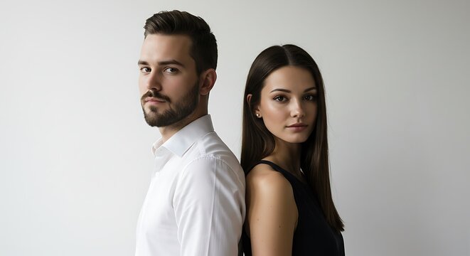 A man and woman stand back-to-back, posing in front of a white background. - Powered by Adobe